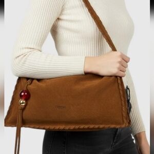 Cheval Firenze Emma Italian Leather Brown Suede Hobo Bag Whipstitch NWT